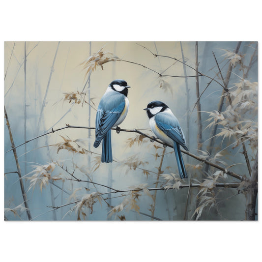 A Pop Art poster showcasing two birds perched gracefully on a branch, creating A Birds Whisper wall art.