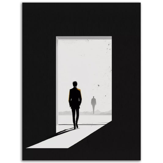 A black and white A Following Goodbye with a silhouette of a person walking through an open door, perfect for Wall Art.