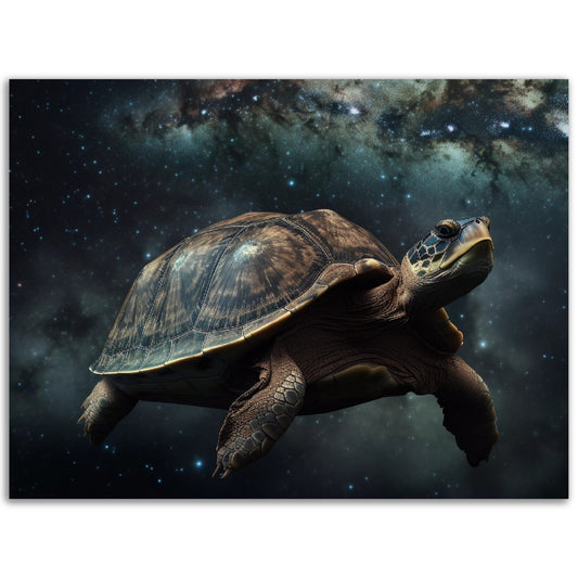 A Great Turtle of The Stars: A visually captivating image of a turtle gracefully gliding through the vastness of space, surrounded by a celestial tapestry of stars. Perfect for wall art enthusiasts seeking an extraordinary addition to their collection.