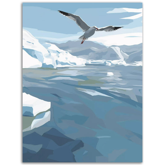 Poster: A stunning poster capturing the beauty of a seagull gracefully soaring over a mesmerizing landscape of icebergs. This wall art piece, called "A Lonesome Flight," is sure to captivate any viewer with its serene depiction.