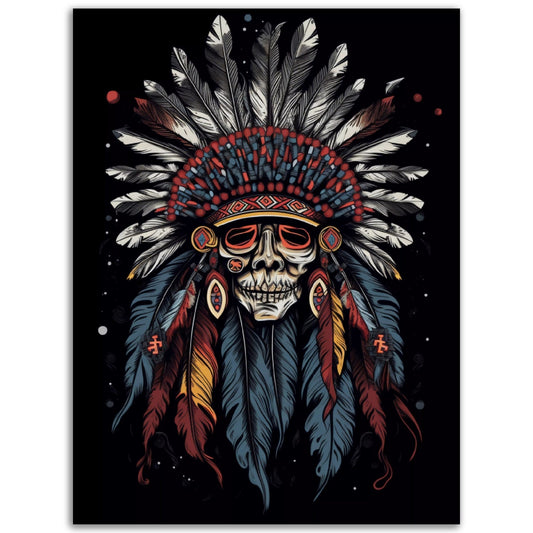 A Native Remains adorned with feathers, displayed as a captivating wall art poster against a striking black background.