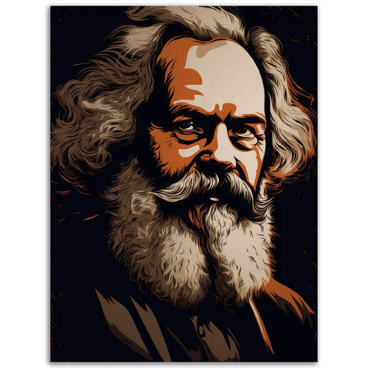 A portrait of Karl Marx with a beard and wall art.
