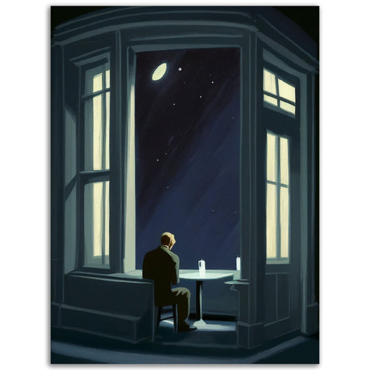A poster of "A Quiet Night At The Corner", a man looking out of a window.