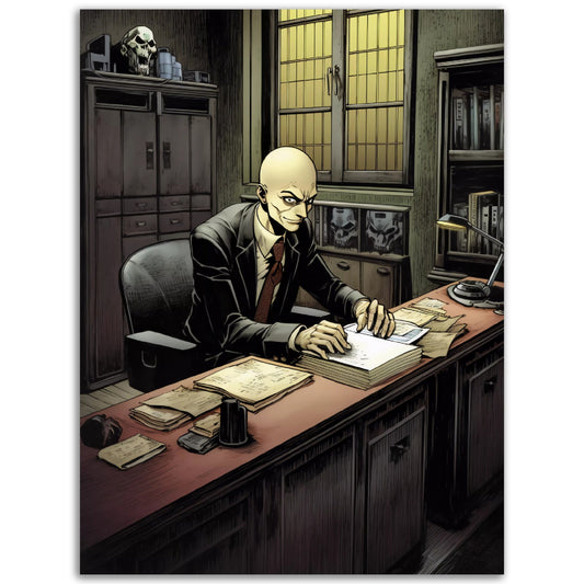 A man in a suit sitting at a desk, perfect for "A Vampires Taxes" Poster or Wall Art.