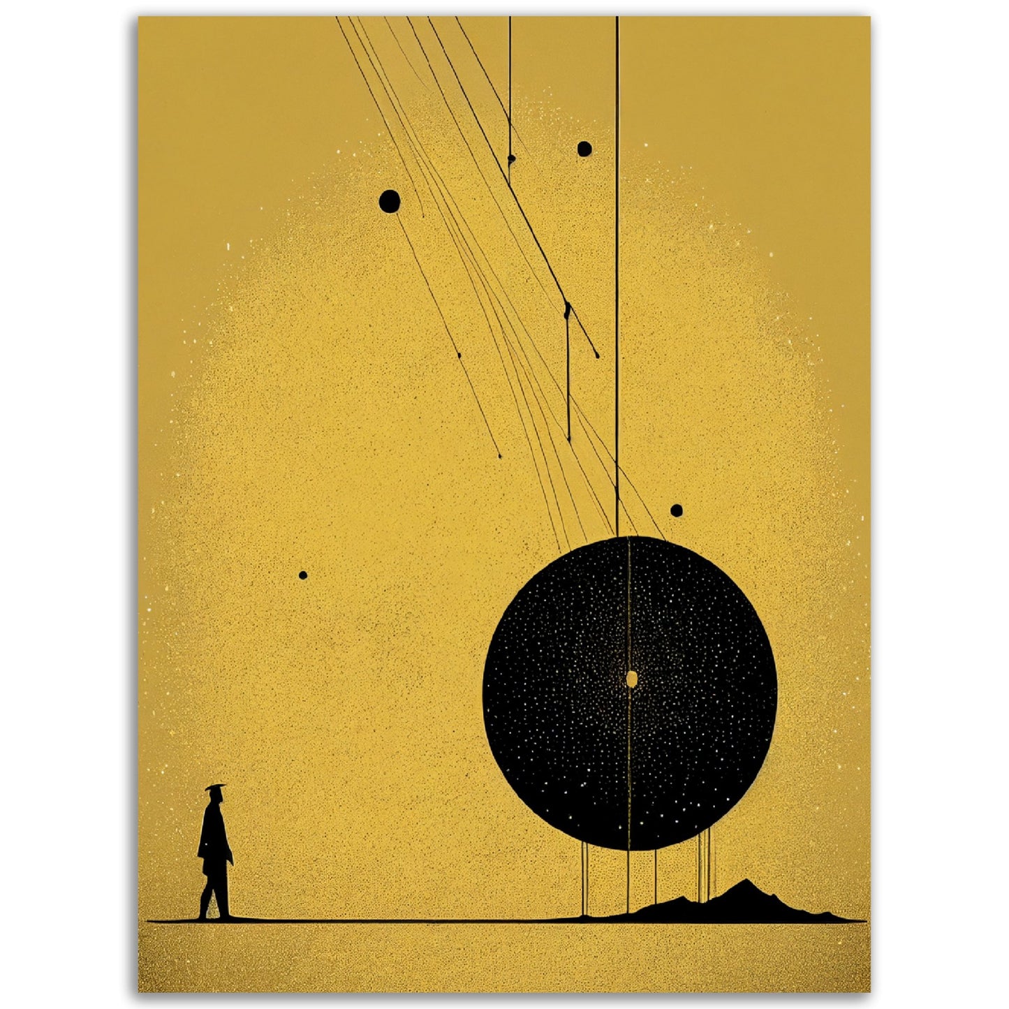 A black and yellow Abstract Universal Truth wall art depicting a man standing in front of a planet.
