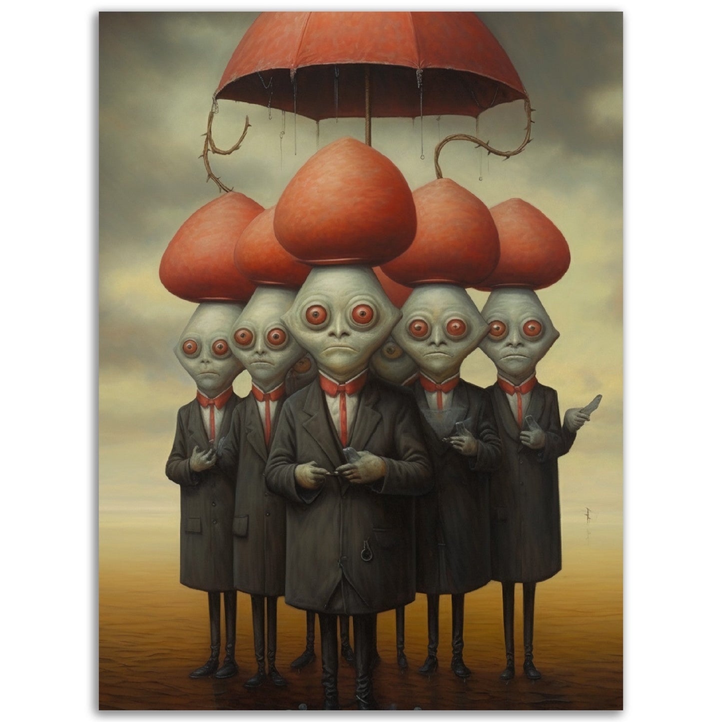 Alien Dignitary Group 2: A stunning piece of wall art that showcases a group of aliens gracefully holding umbrellas.