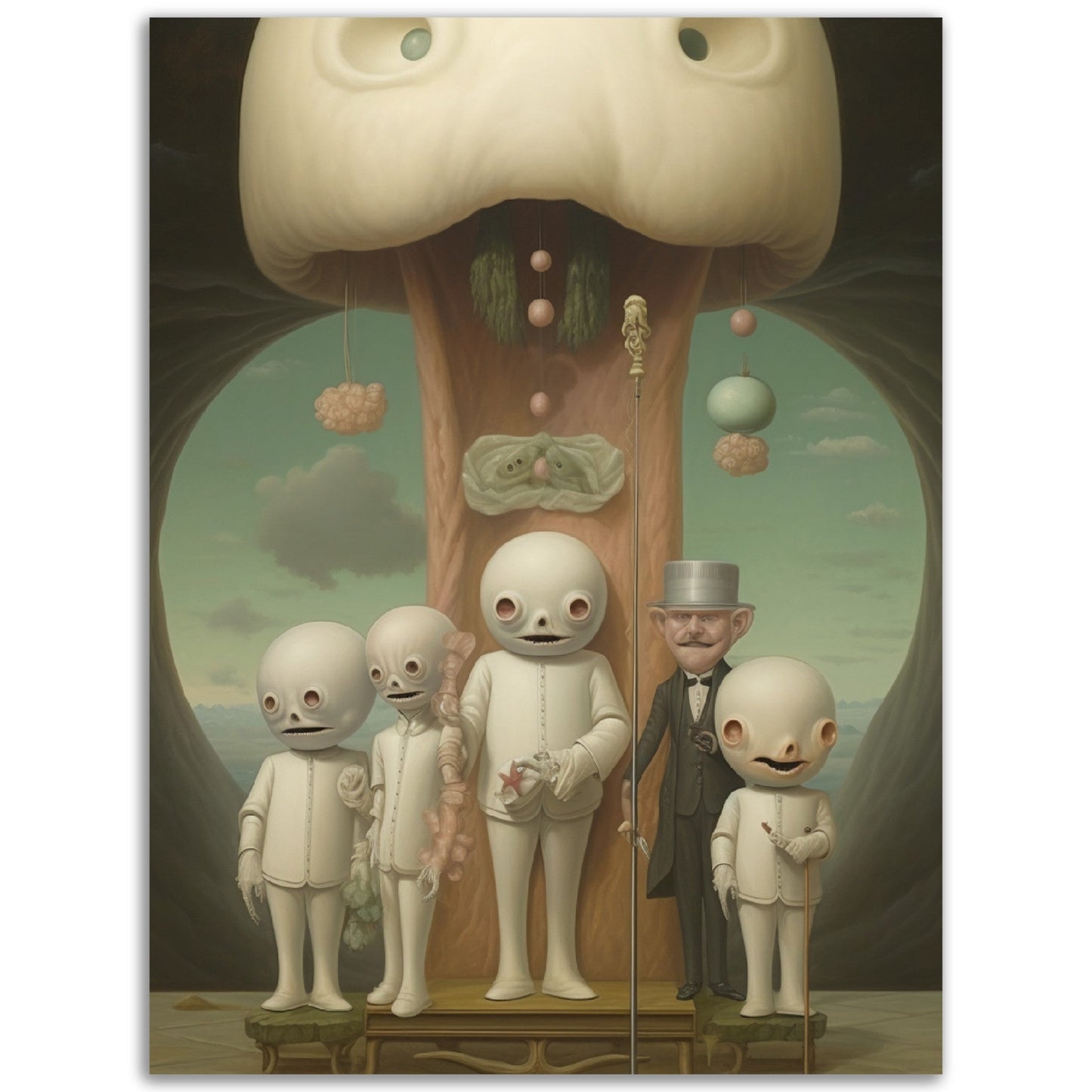 A mesmerizing Alien Dignitary Group 3 capturing a group of people standing in front of a magnificent mushroom, creating an unforgettable wall art masterpiece.