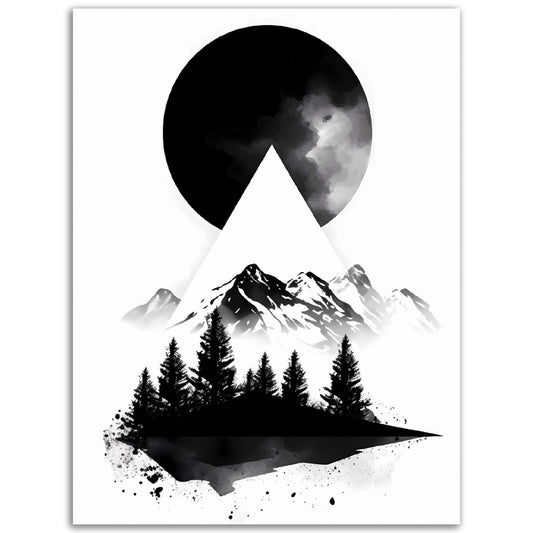 A black and white All The Realms of Nature & Scenery and a moon, perfect for wall art.