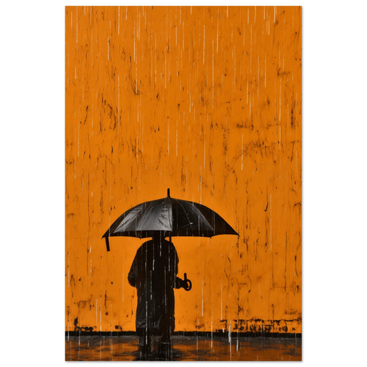 A black and white image of a person holding an umbrella in the rain, suitable for Amber Respite Wall Art.