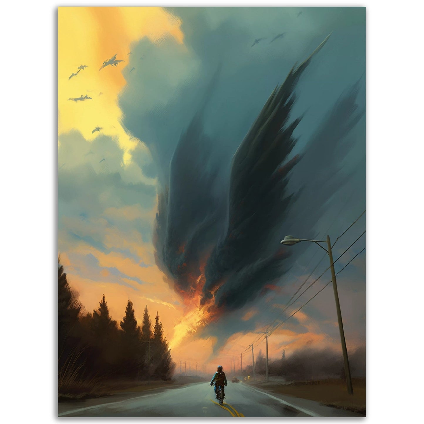 A mesmerizing "Angel Is Falling" poster capturing a man strolling along a scenic road, while an enchanting bird soars freely in the expansive sky.