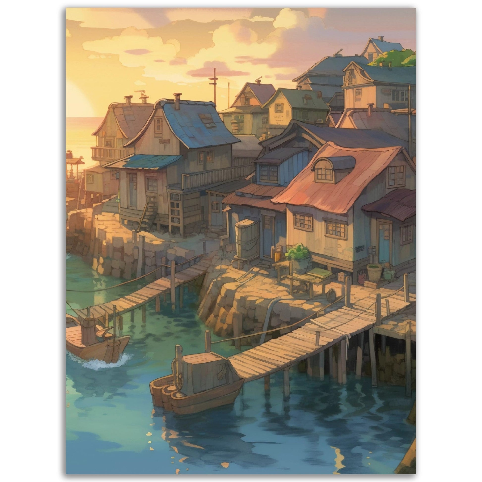 A captivating Animated Seaside Town featuring a picturesque village adorned with deliAnimalse brushstrokes, while enchanting boats grace the tranquil waters below.