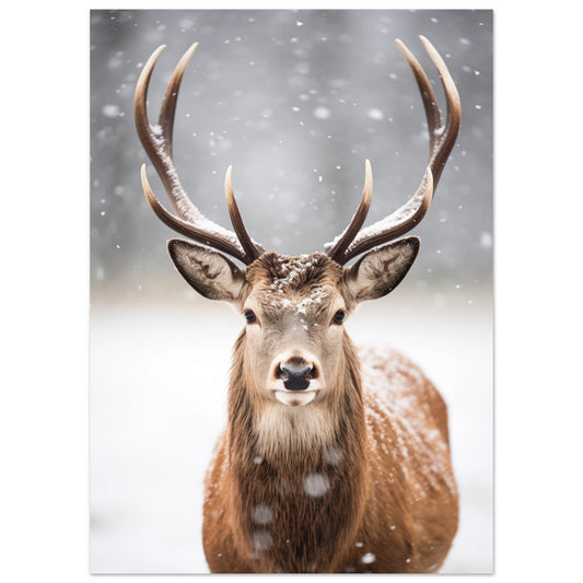 A stunning poster capturing the Antlered Sovereign gracefully standing in the snow.