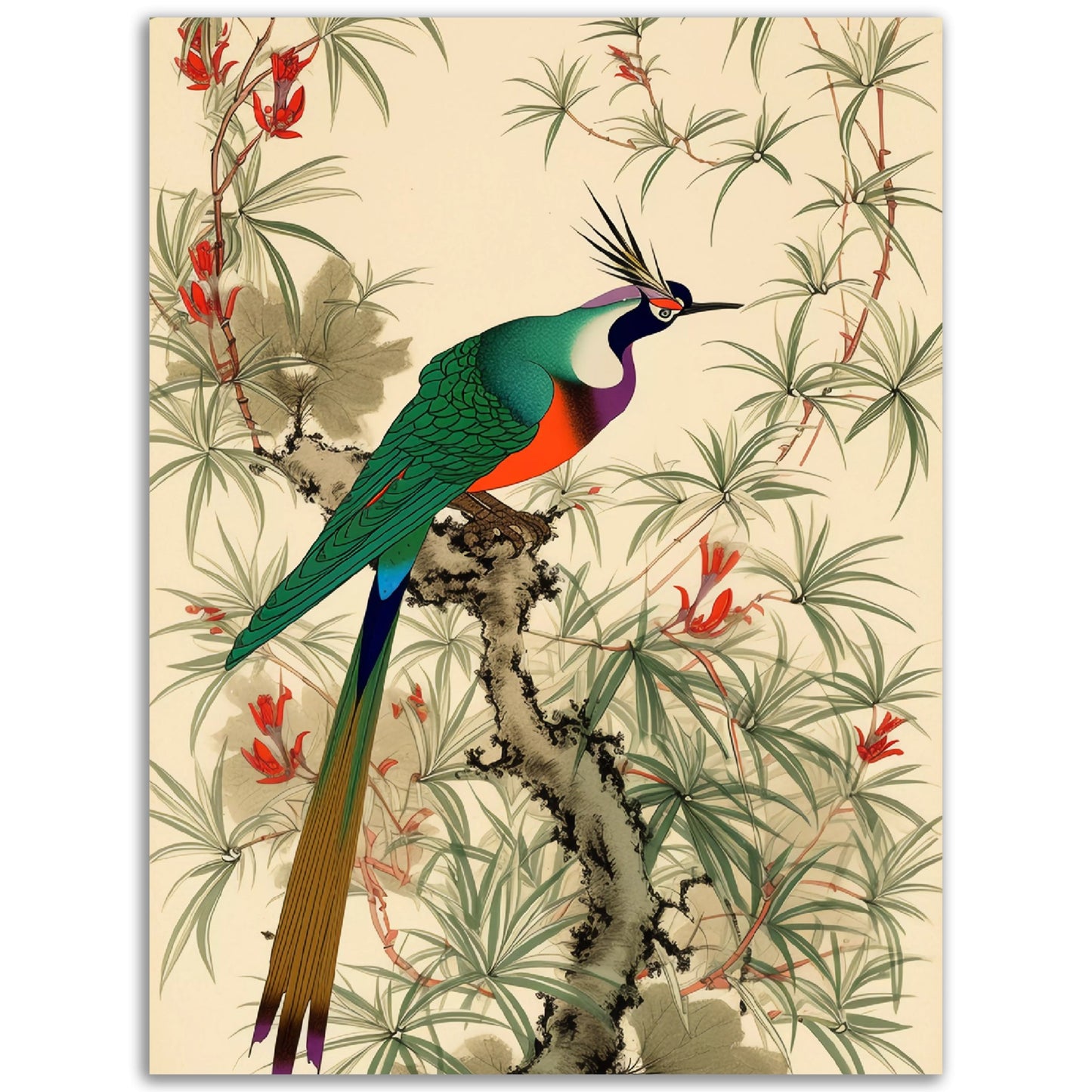 An Asian Longtailed Bird perched on a branch, turned into an eye-catching poster.