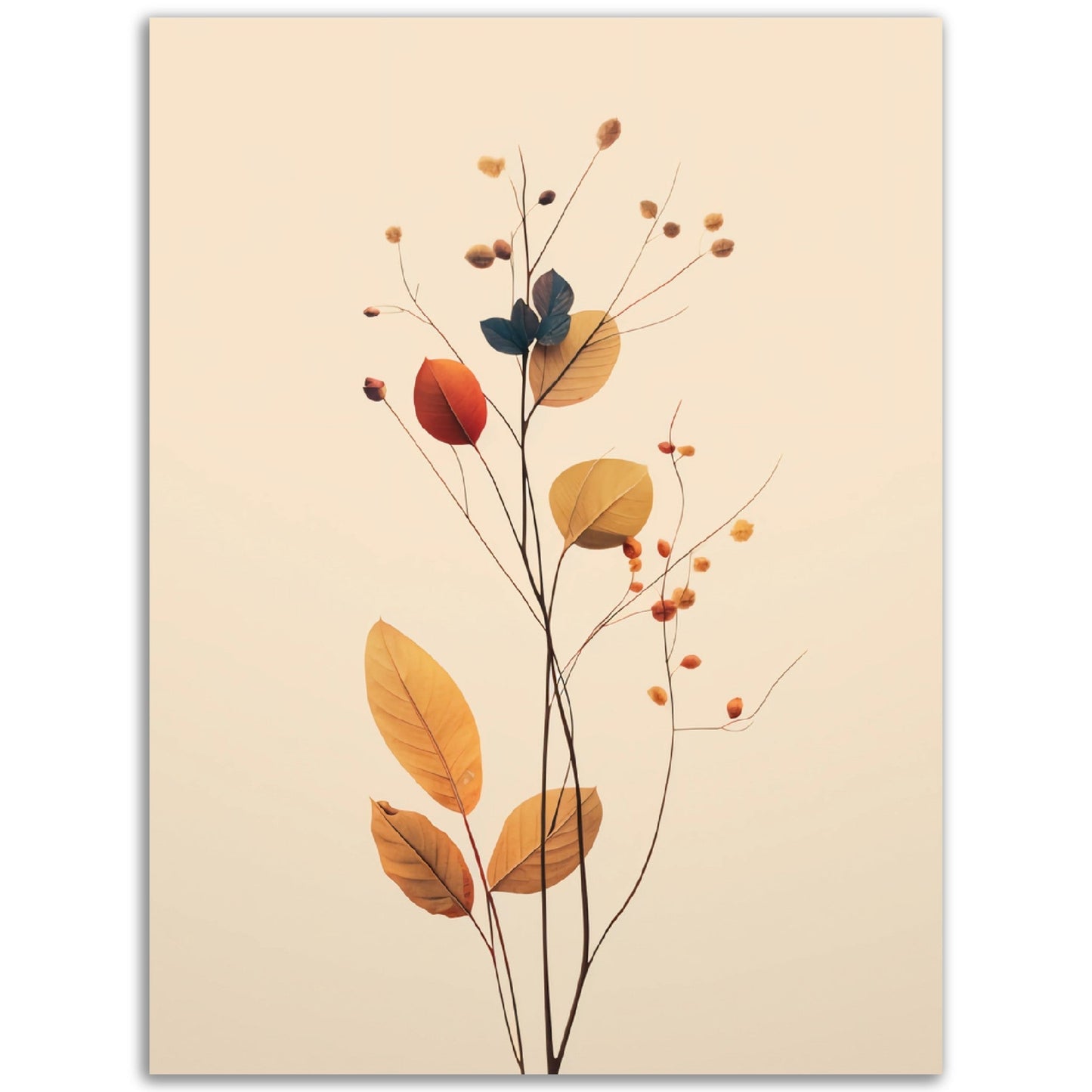 An Autumn Arrangement of a flower and leaves on a beige background.