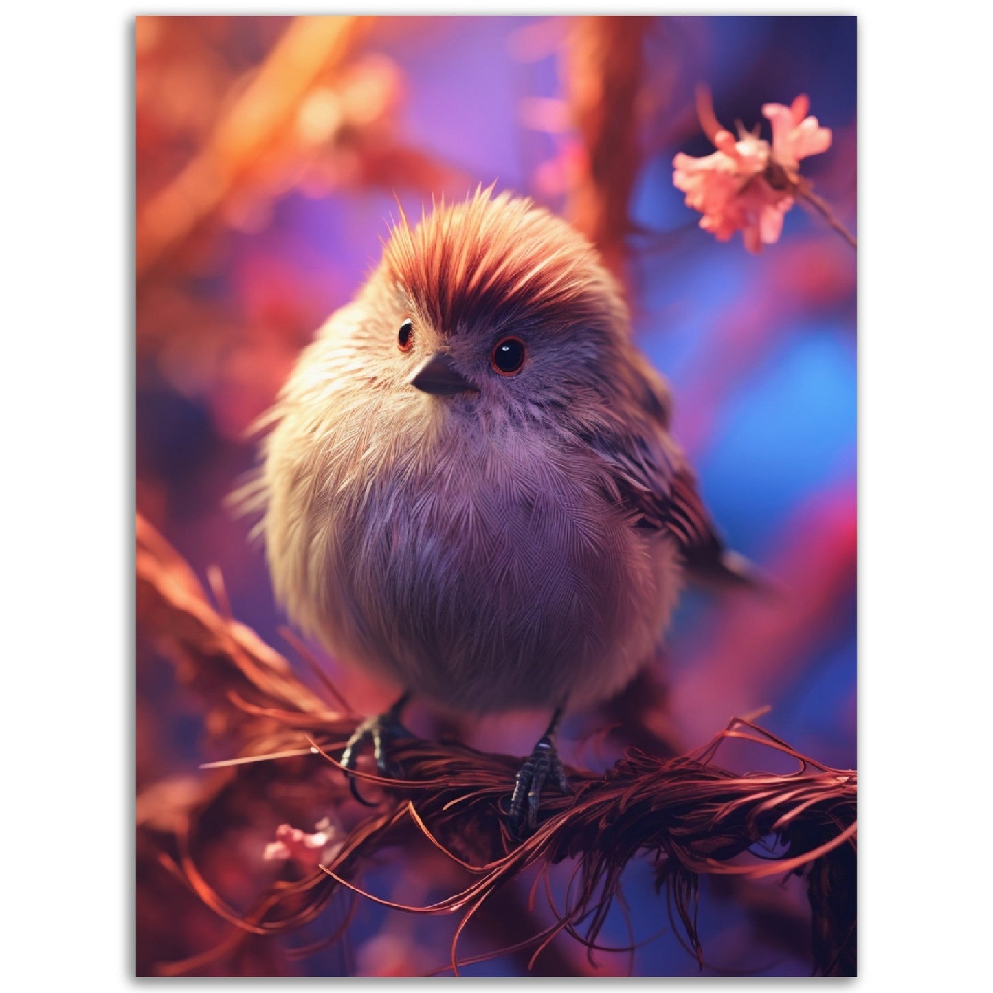 A small Autumn Bird sitting on a branch with flowers, perfect for Poster Wall Art.