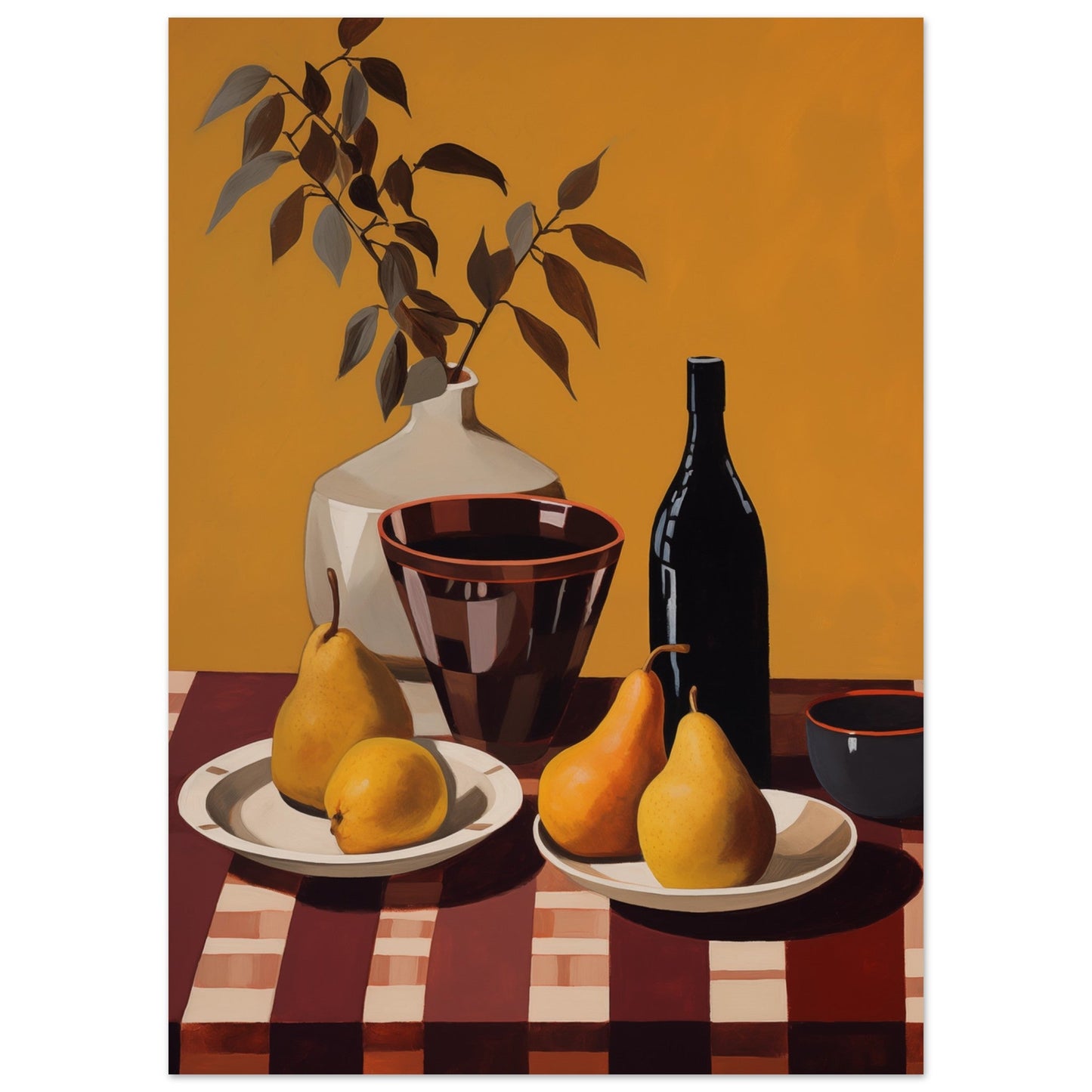 A Poster of Autumnal Still Life with pears and a bottle of wine.