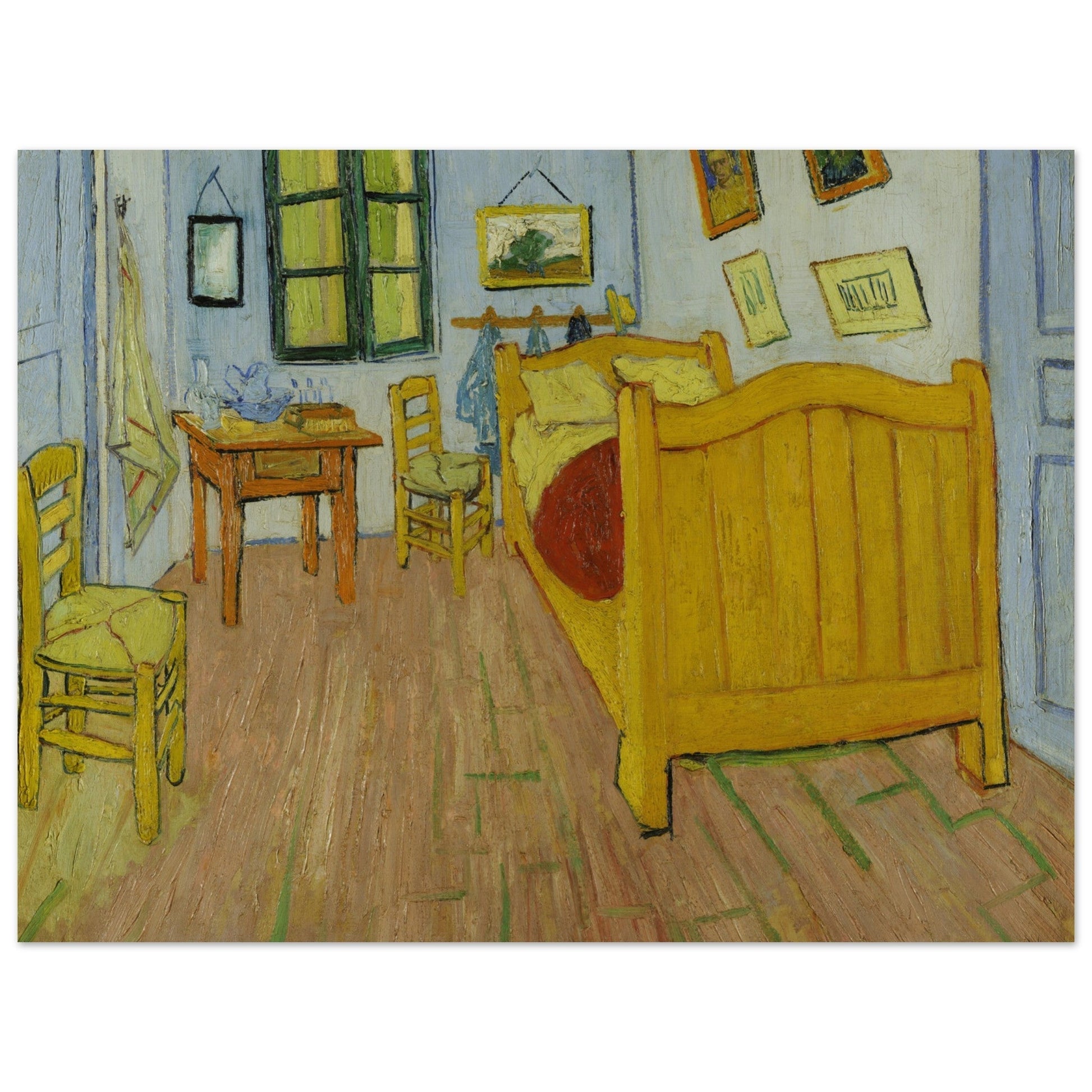 A Pop Art "Bedroom in Arles" poster with a yellow bed and chairs.