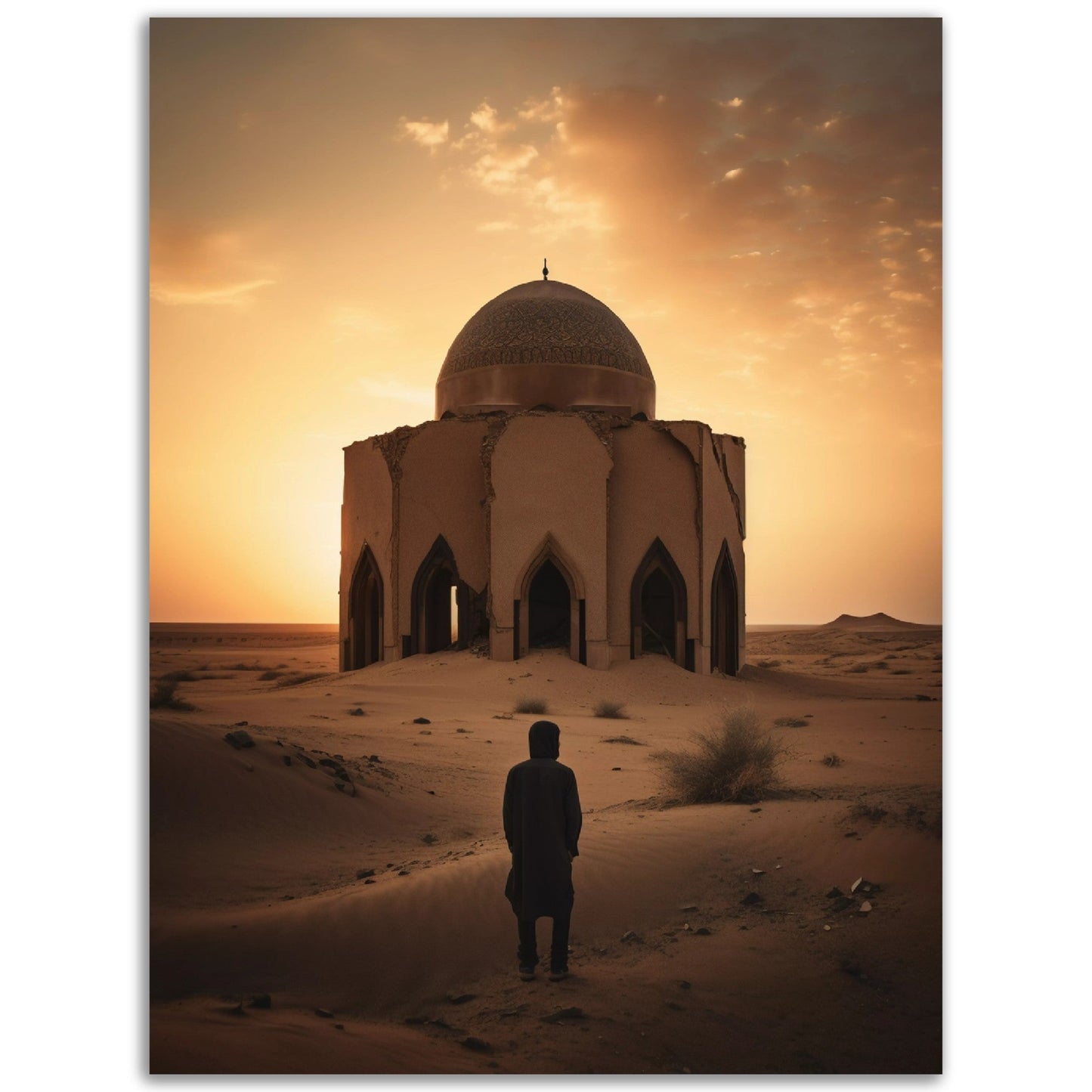 A man standing in front of a mosque at sunset, perfect for a Behold or Wall Art.