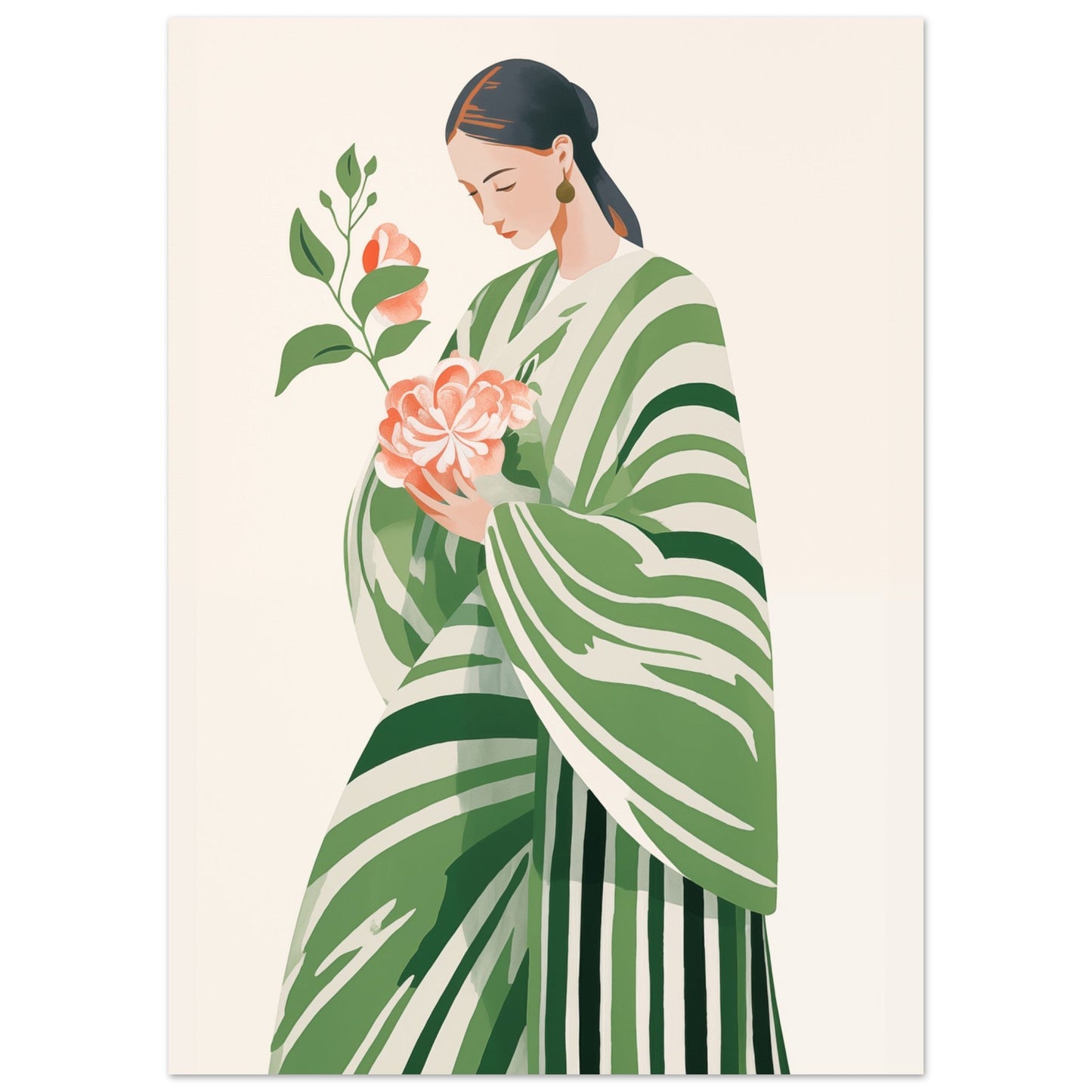 A stunning Blossom Embrace poster of a woman in a Pop Art green kimono gracefully holding flowers as an exquisite piece of wall art.