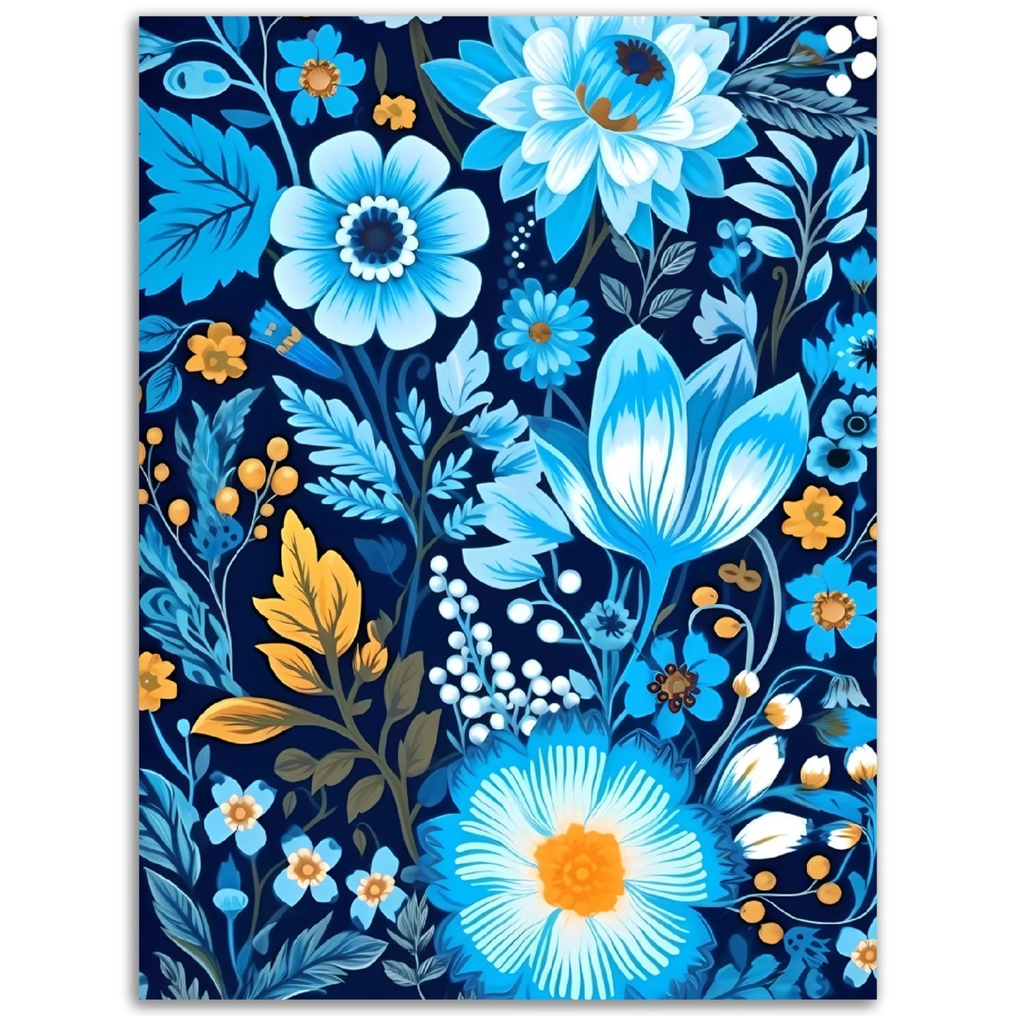 A blue and yellow Blue Floral Pattern on a dark blue background, transformed into stunning wall art.