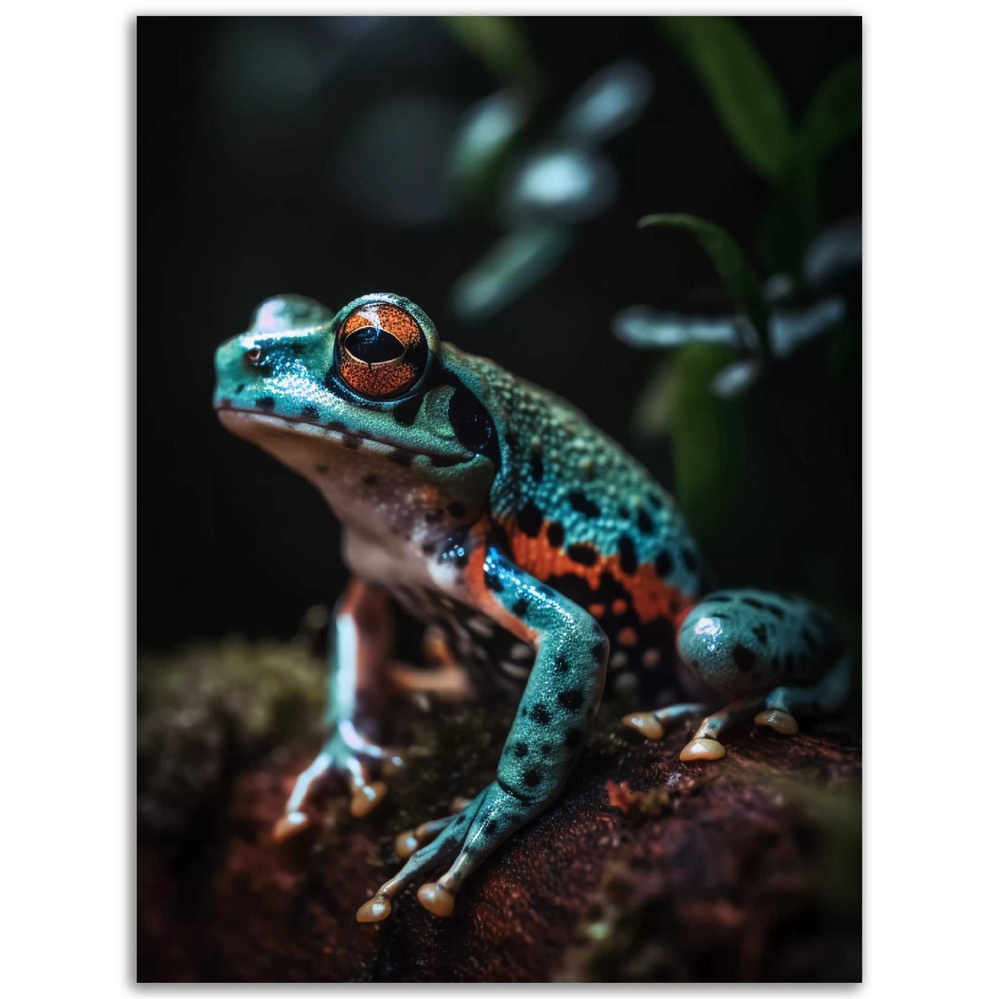 A Blue Polka dot Forest Friend sitting on a branch, perfect for poster or wall art.