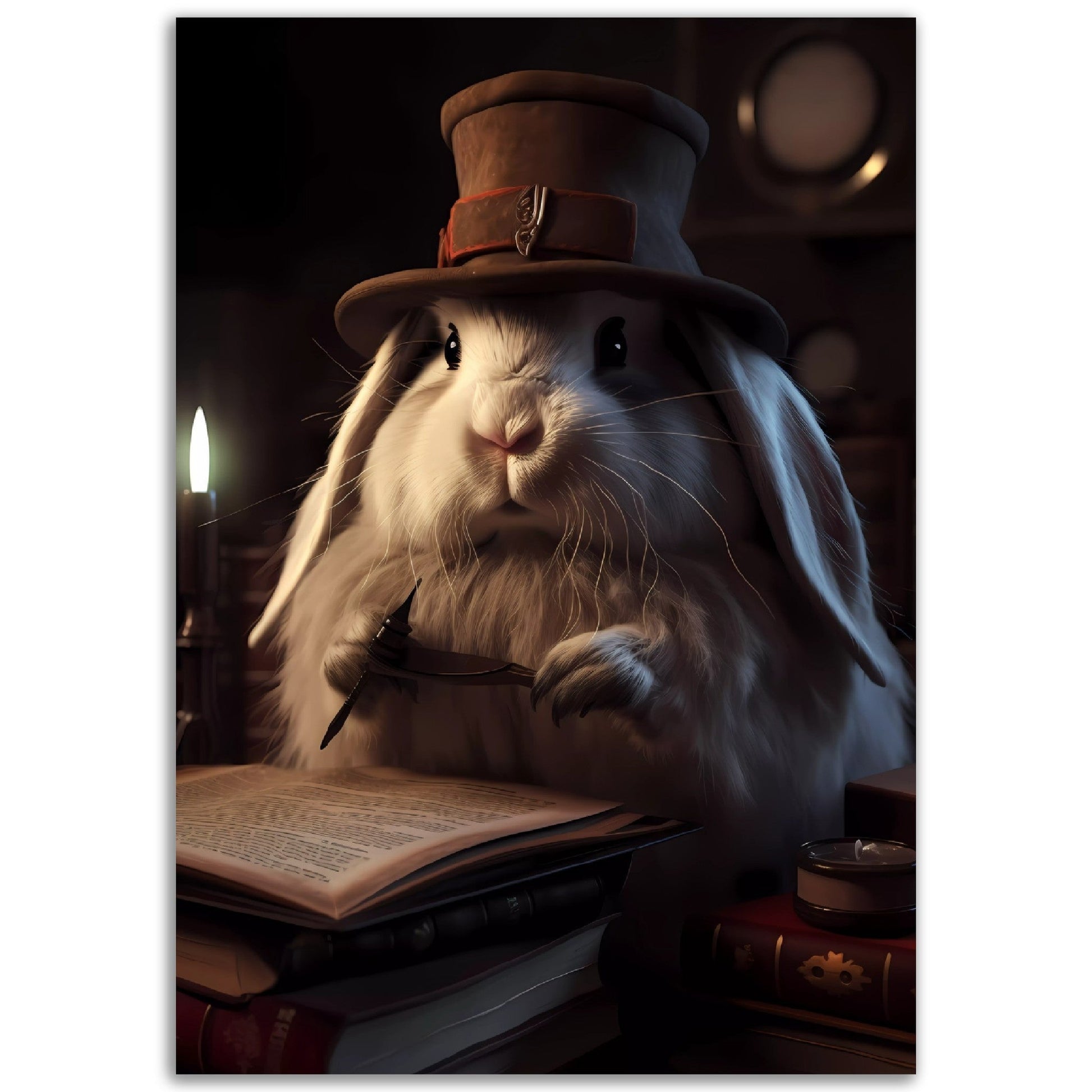 Poster: A whimsical Bunny Professor of History, donning a dapper top hat, engrossed in a captivating book. This enchanting scene is destined to become a charming piece of wall art that adds character.