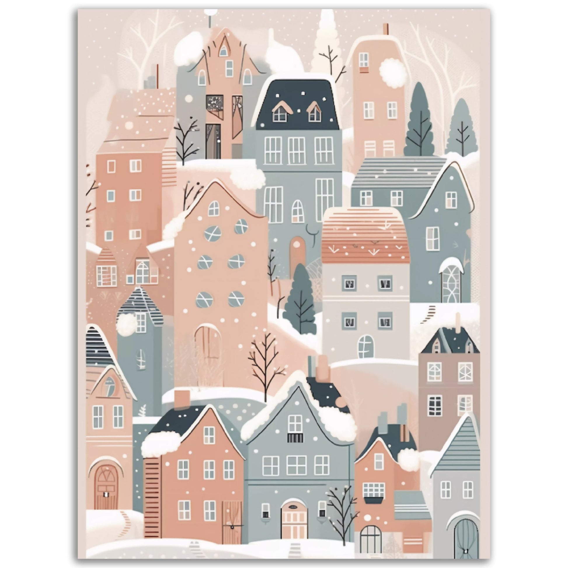 An illustration of a Christmas Town with snow on the ground, perfect for a Poster or Wall Art.