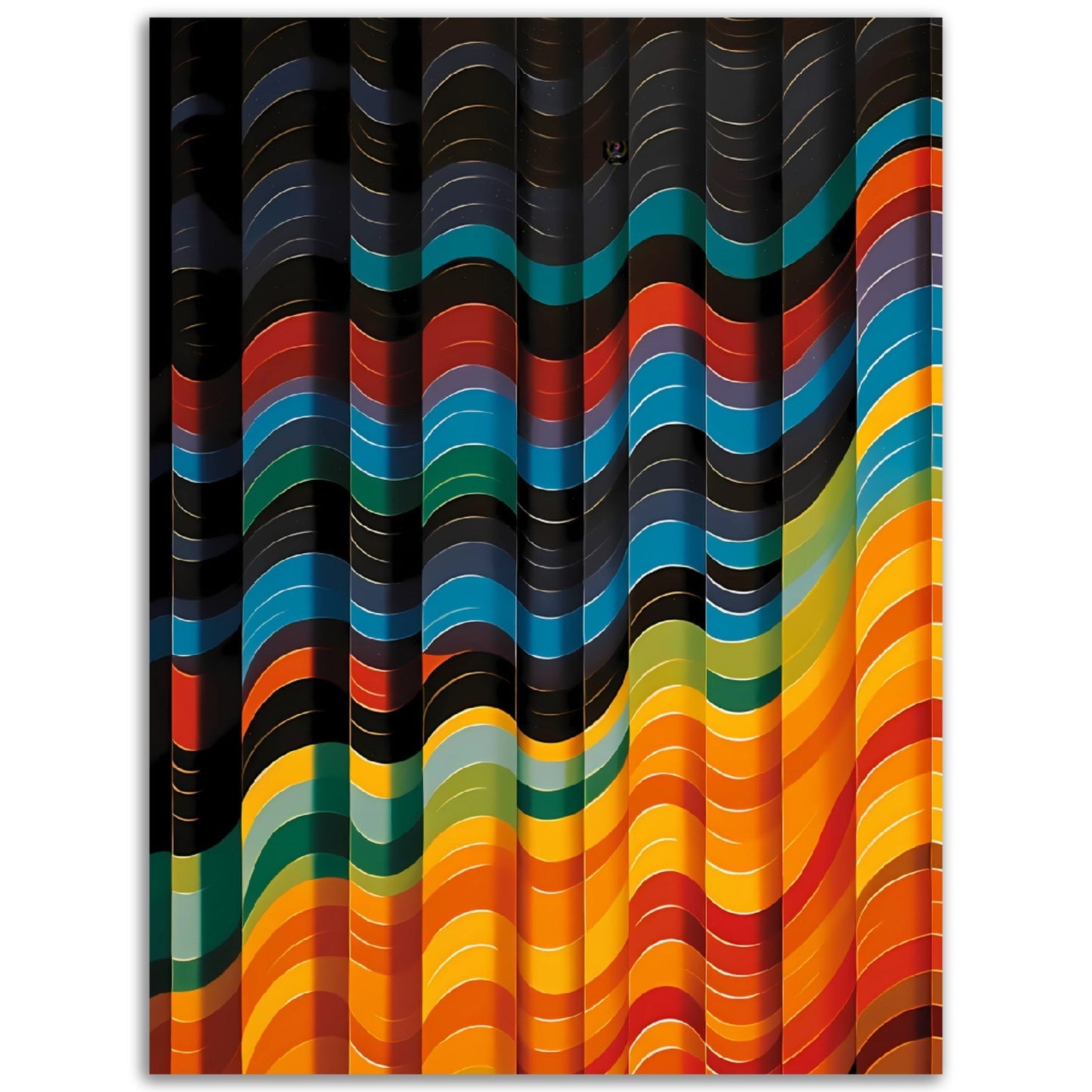 A vibrant poster displaying an abstract painting of colorful wavy lines on a black background, perfect for adding intrigue to any wall. Introducing the Colourful Curtains, perfect for adding intrigue to any wall.