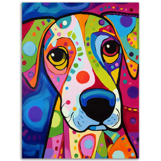 A vibrant dog painting, perfect for hanging on a poster or adorning a wall with its Colorful Rufus depiction against a serene blue background.