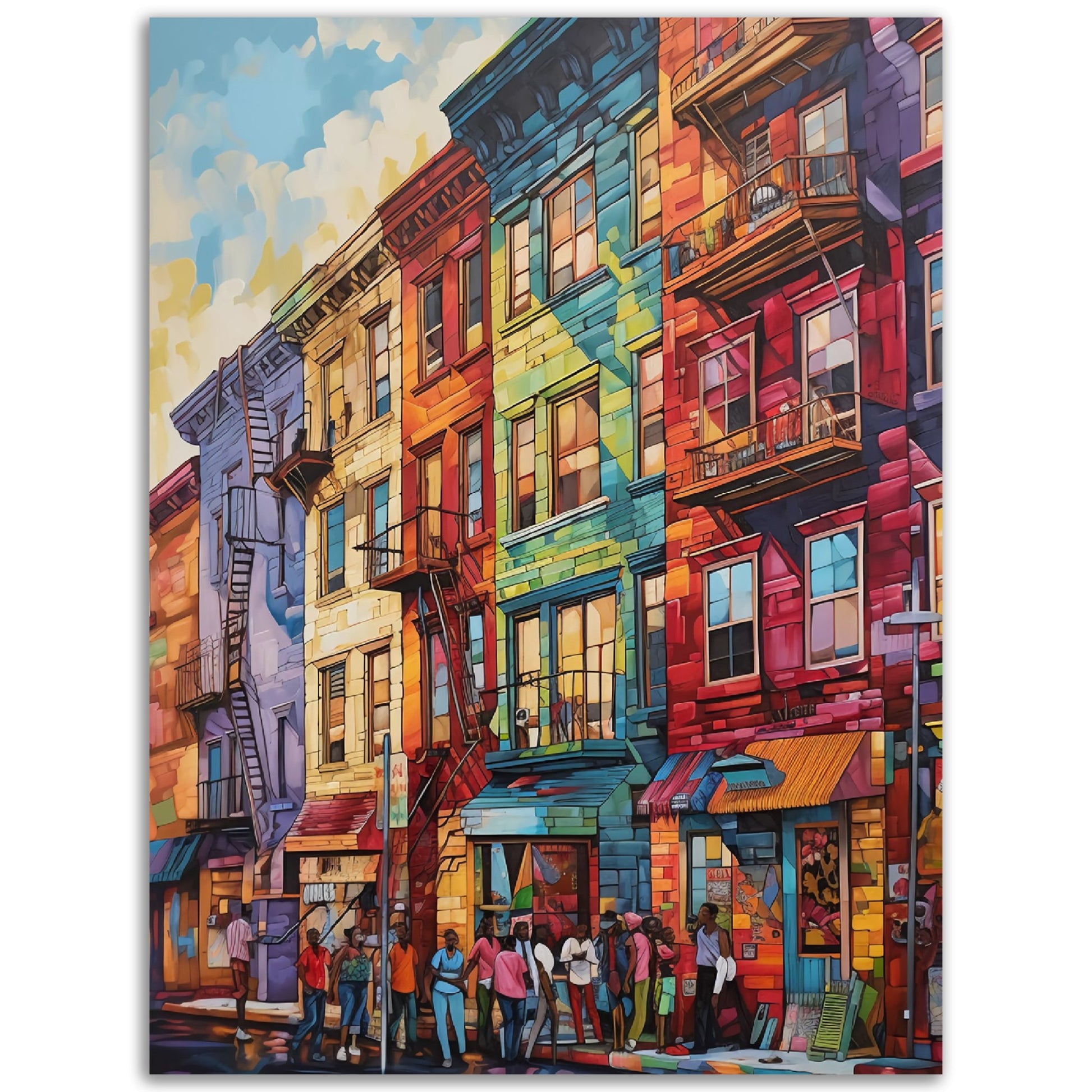 A Pop Art Community poster of colorful buildings on a street.