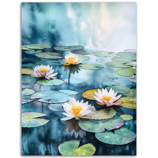 A captivating poster depicting Delicate Waterlily's floating gracefully in a picturesque pond.