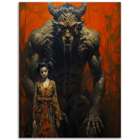 Poster Wall Art: A striking painting capturing the mysterious allure of a woman elegantly standing beside the Demon Handler Kabuki.