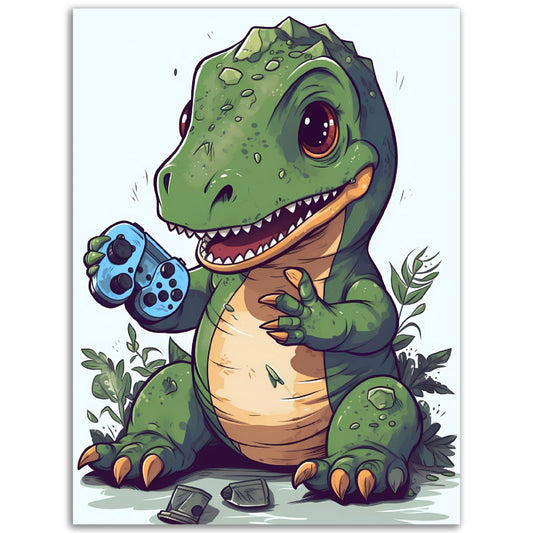 A colored wall art of a Dino Gamer holding a game controller.