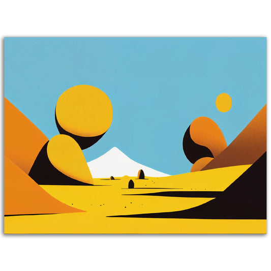 A Pop Art poster of a desert landscape with Distant Giants On A Far Away Planet in the background. Perfect for decorating room walls or creating an eye-Animalsching colored wall art display.