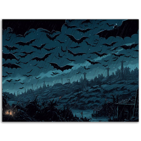 Dracula's Onslaught - Colored wall art of bats flying over a city at night.