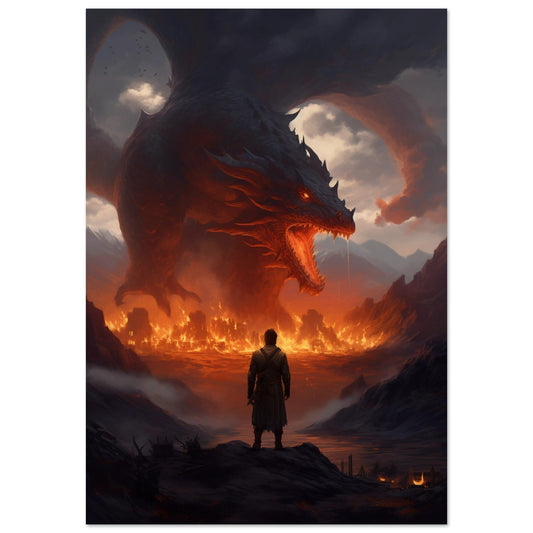 A captivating poster of a man bravely standing in front of Dragons Fury, perfect for adding drama and excitement to any room.