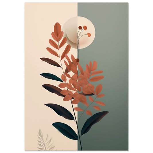 A vibrant Dual Minimalism featuring leaves with a moon in the background, perfect as wall art for rooms.