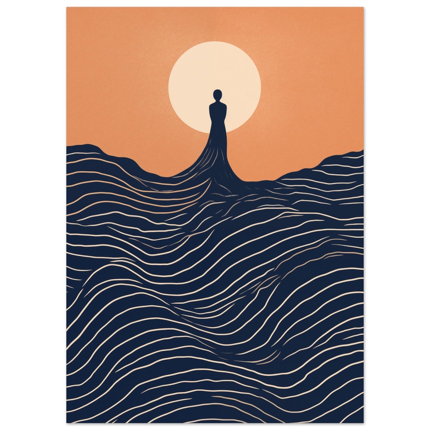 A stunning Eclipse Enigma colored poster featuring a graceful silhouette of a woman standing on a wave at sunset. Perfect for adding an artistic touch to any room decor.