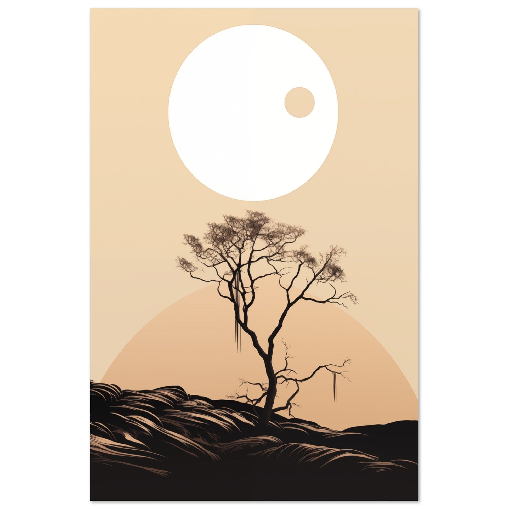 An Eclipse Over Savannah Silence poster featuring a lone tree in the background, perfect for adding visual interest to your room's wall decor.