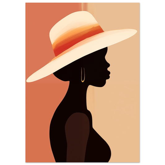 A silhouette of a woman wearing a hat, perfect for Elegance in Silhouette Wall Art or Colored Wall Art decoration.