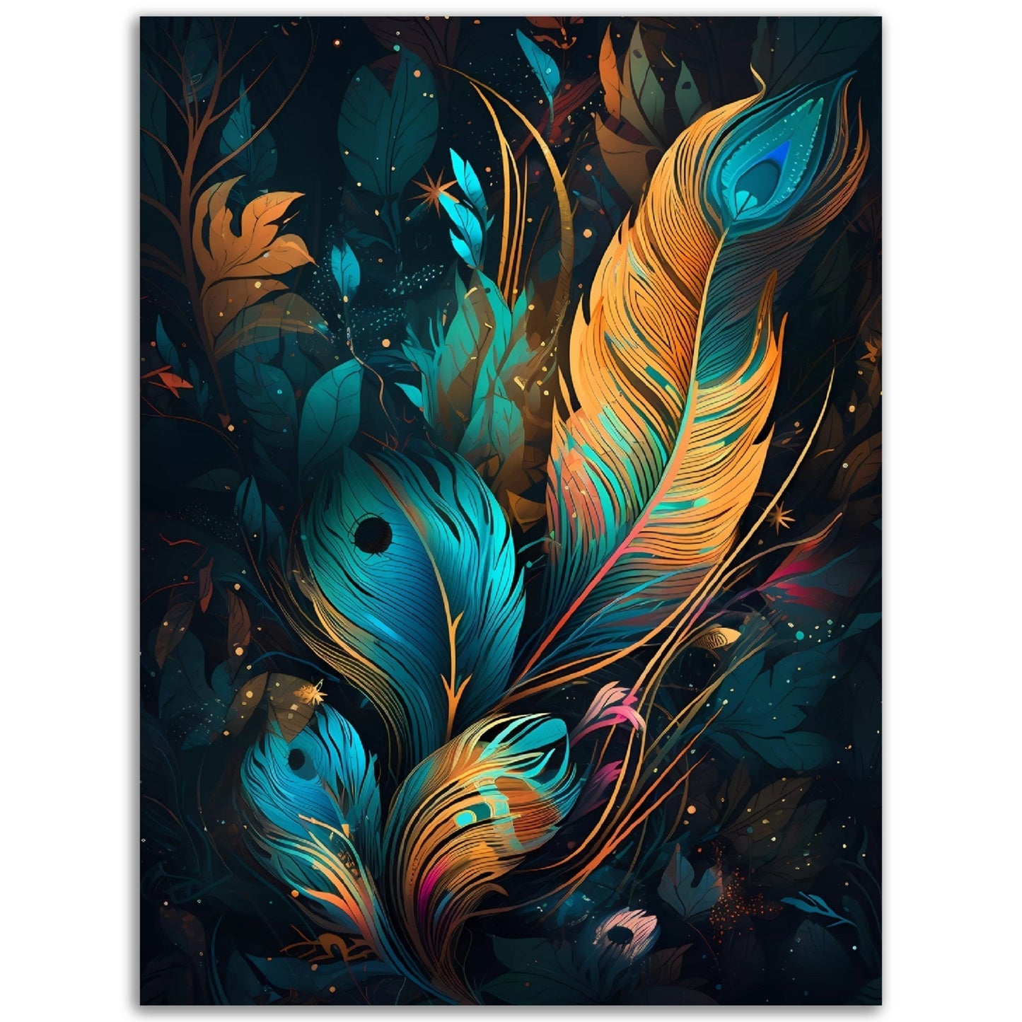 Elegant Abstraction wall art featuring peacock feathers on a black background.