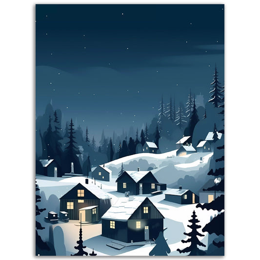 A picturesque snowy Evening Winter Village at night, elegantly captured on a poster for your room's wall art.
