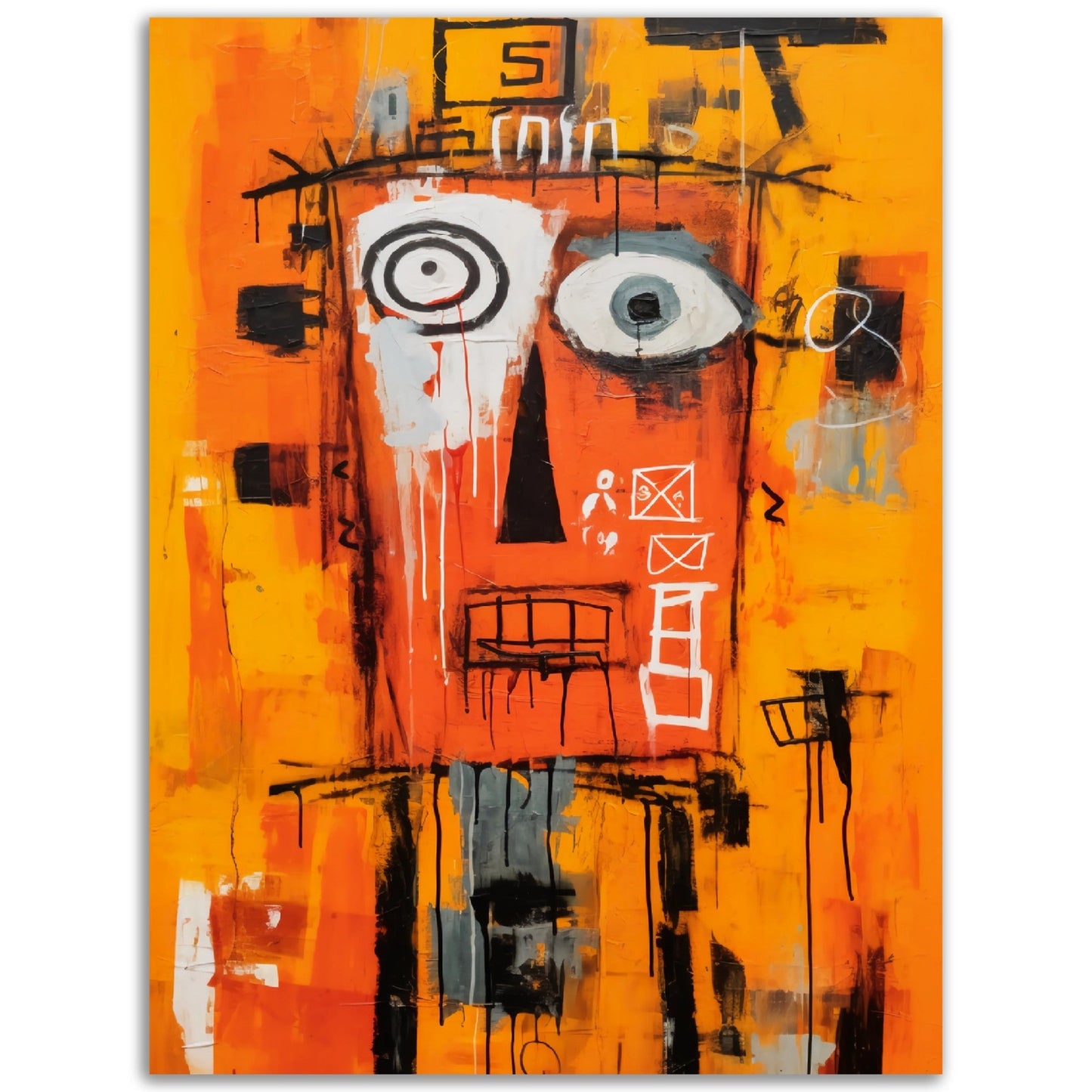 A Pop Art painting featuring an orange background and a striking black face. Perfect for adding a pop of color to any space, this Extreme Ways wall art is sure to make a statement. Whether decorating a