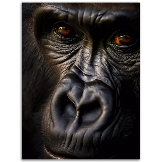 A close up of a gorilla's face, perfect for the "Eyes of a Friend" Poster Wall Art.