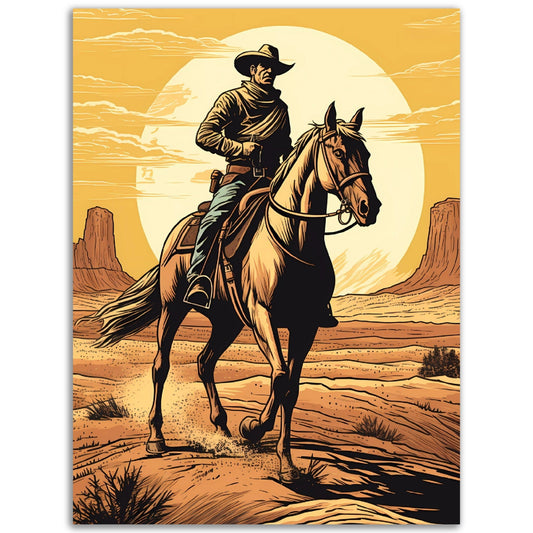 A cowboy riding a horse in the desert, captured in vivid colors for a striking Eyes Peeled, Cowboy Wall Art.