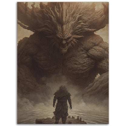 A visually stunning Final Boss colored wall art poster depicting a demon standing majestically before a captivating body of water.