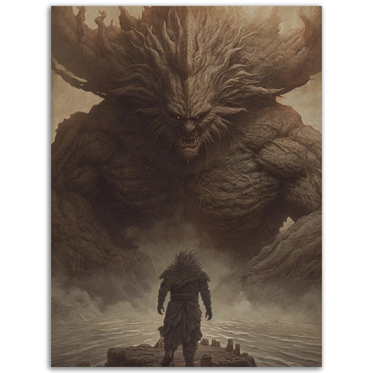 A Final Boss colored wall art of a man standing in front of a giant monster.