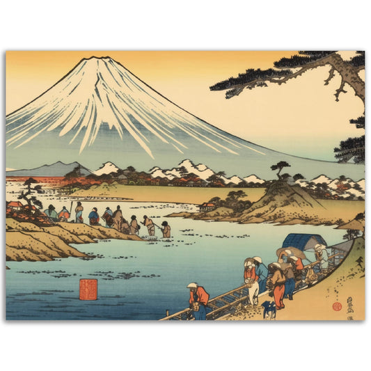 A Pop Art japanese painting, Fishing By Fujisan, of people crossing a river with mt fuji in the background, ideal as wall art in any room.
