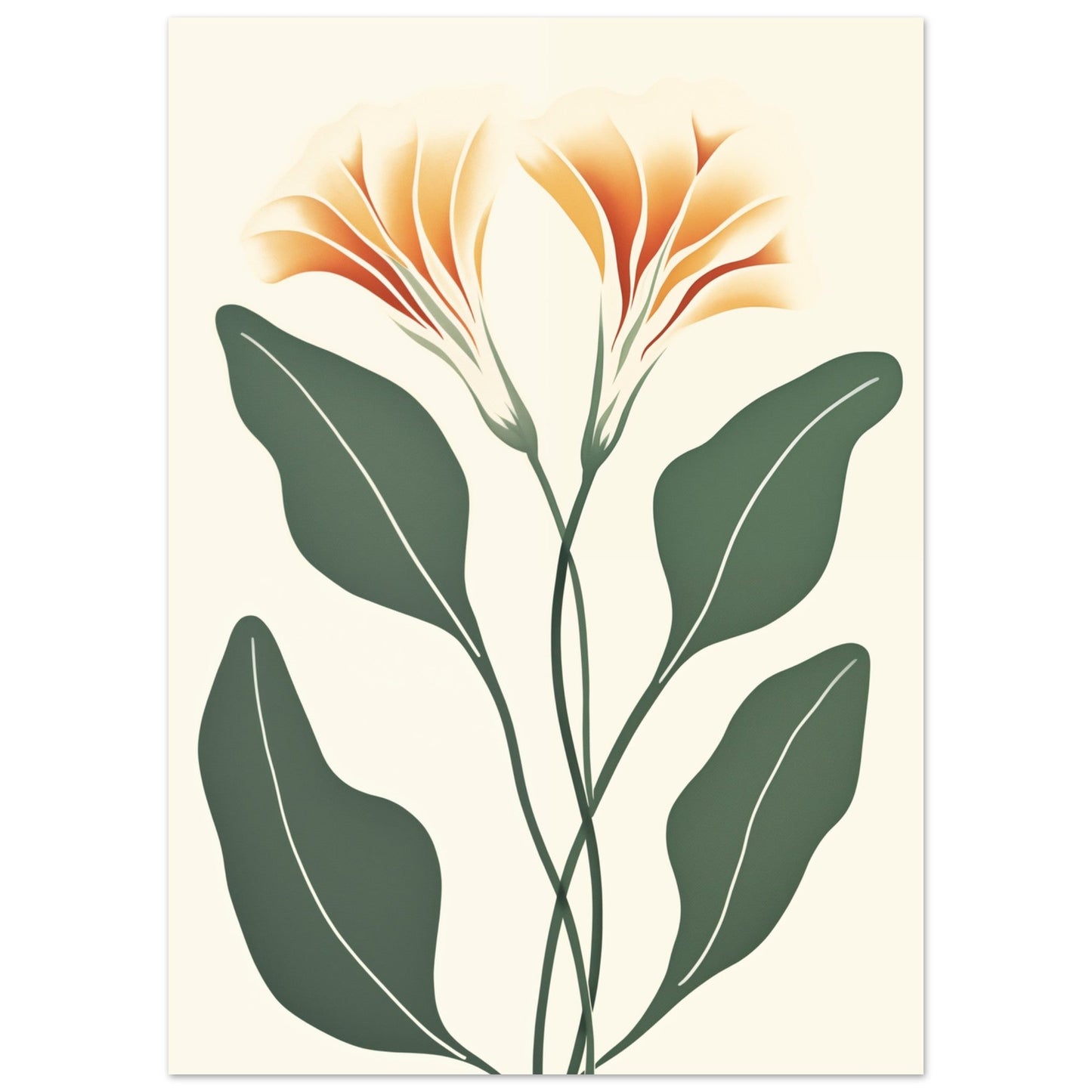 A Floral Fervor with orange flowers and leaves on a beige background, perfect for adding color to any room.