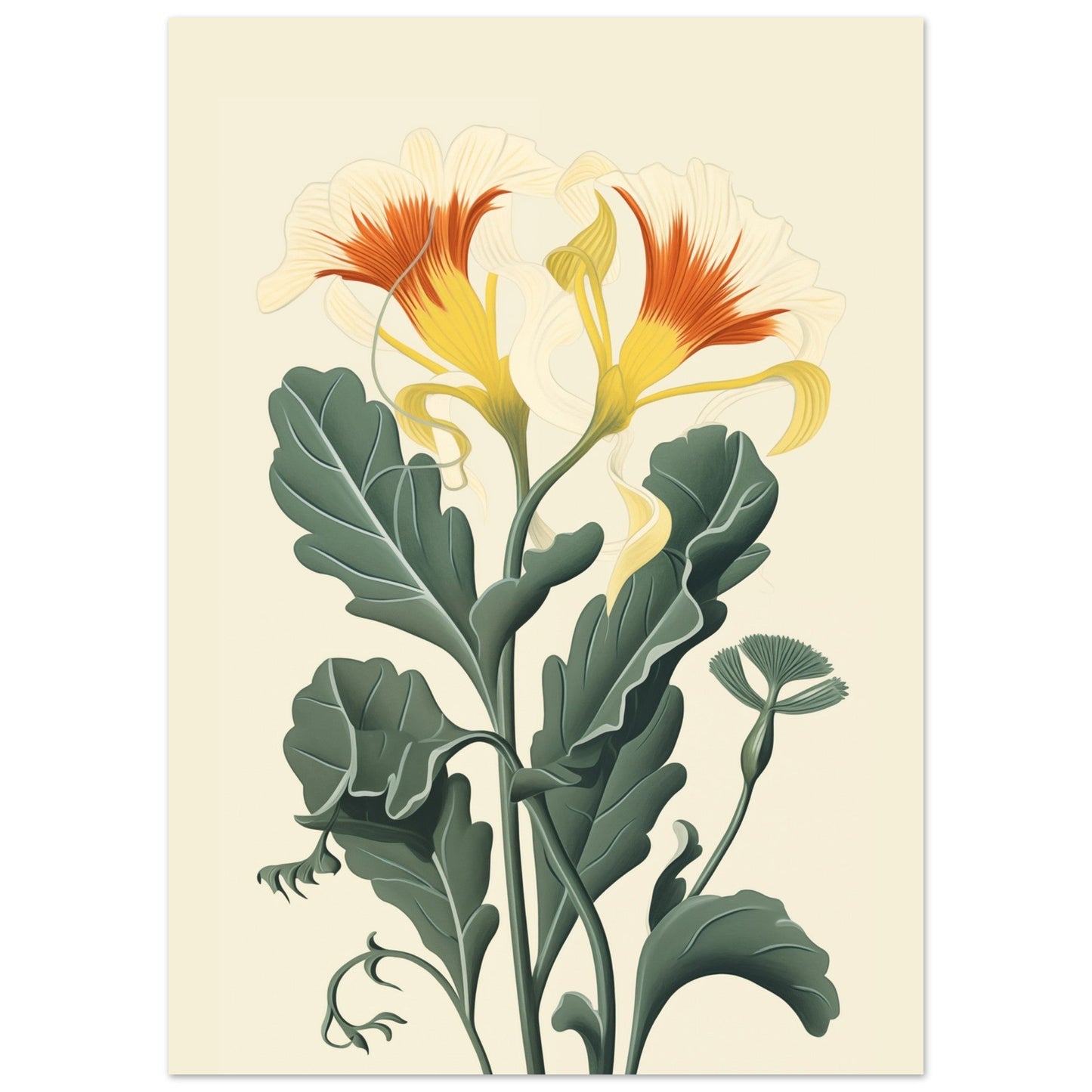 A Pop Art orange flower print on a beige background, perfect for adding color to your walls. This stunning piece of wall art, Floral Whisper, is ideal for posters in any room.